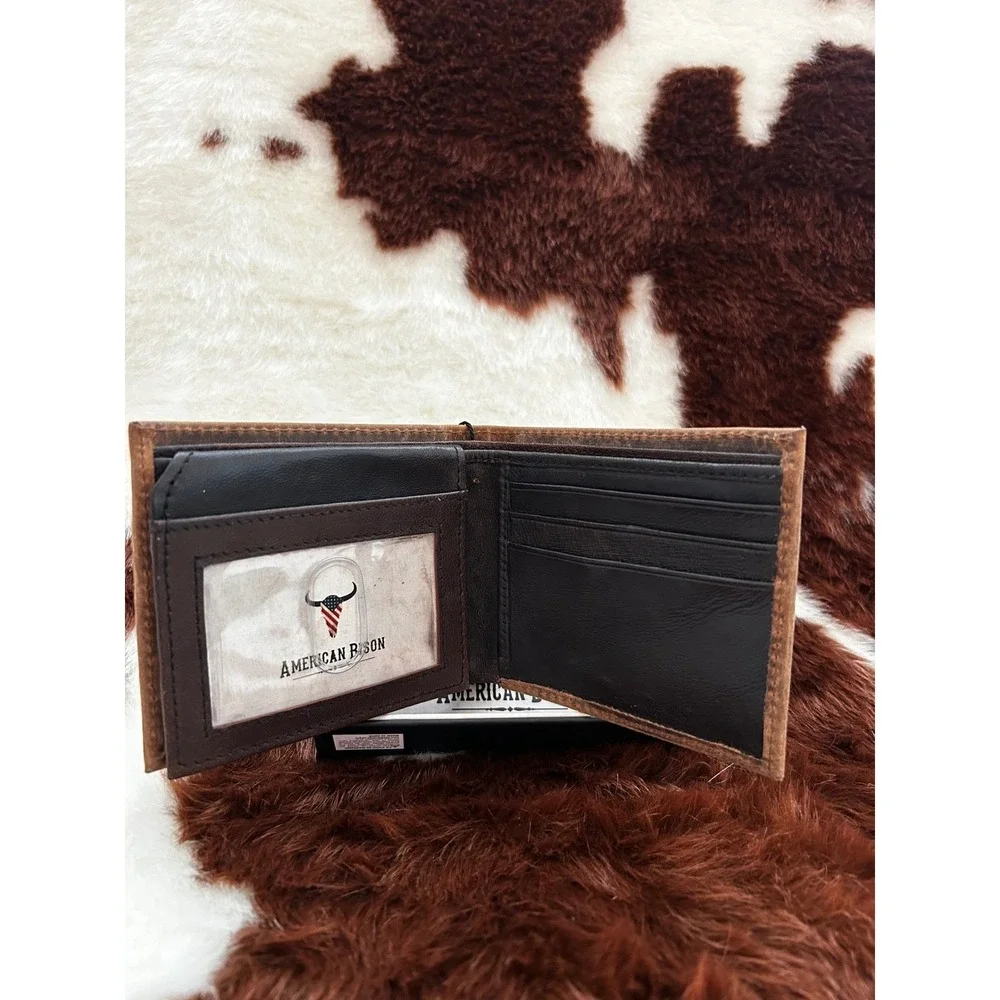 American Bison Mens Genuine Leather RFID Bifold Wallet Distressed Brown